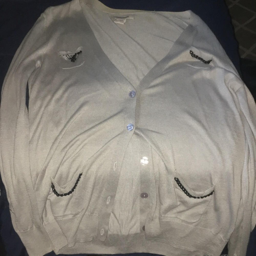 button up cardigan w/ black chains on the pockets